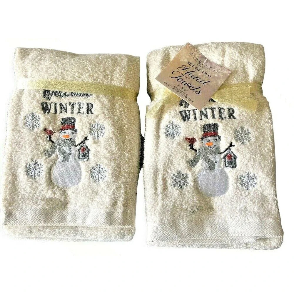 Christmas Welcome Winter Hand Towels Embroidered Snowman Rhinestone Set of 2
